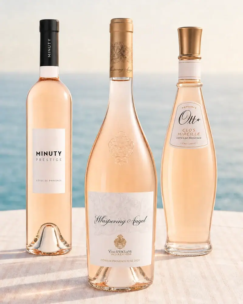 Trois bouteilles de rosé présentées face à la Méditerranée